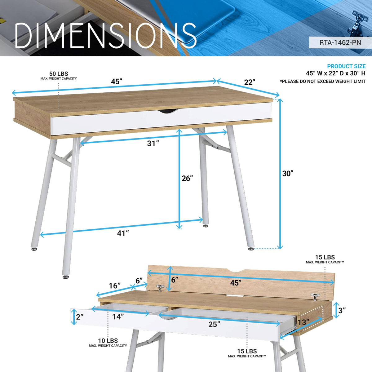 Techni Mobili 46”W Writing Desk w/ Large Drawer & Hidden Cord Management