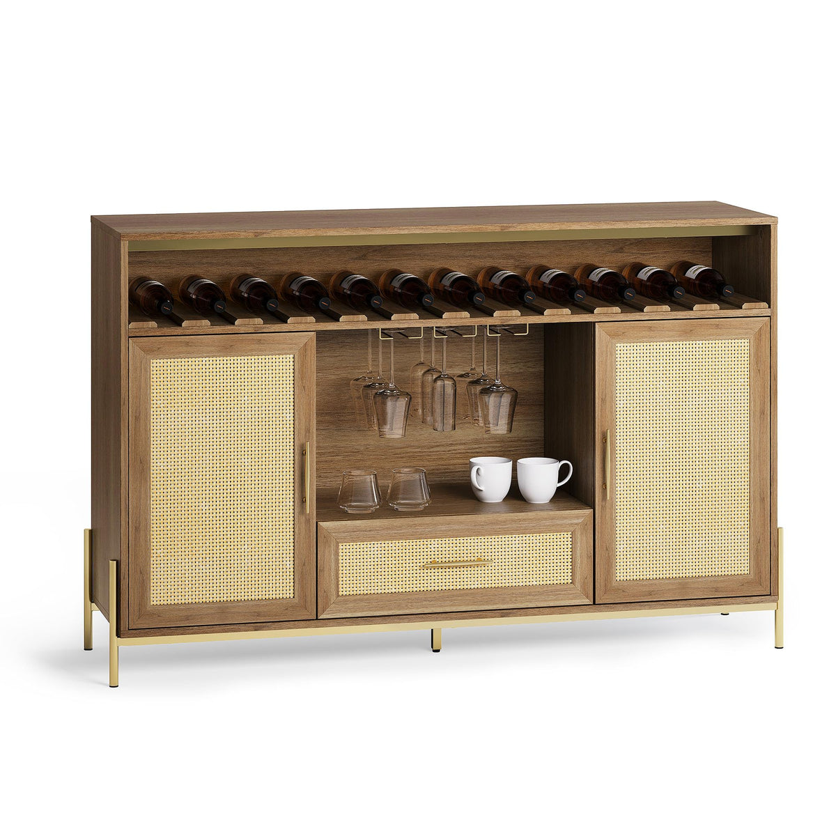 BELLEZE Coffee Bar Cabinet, 55" Rattan Liquor Cabinet, Boho Farmhouse Sideboard Buffet Cabinet with Storage, Accent Bar Cabinet for Living Room, Dining Room, and Entryway - Marcel (Camel)