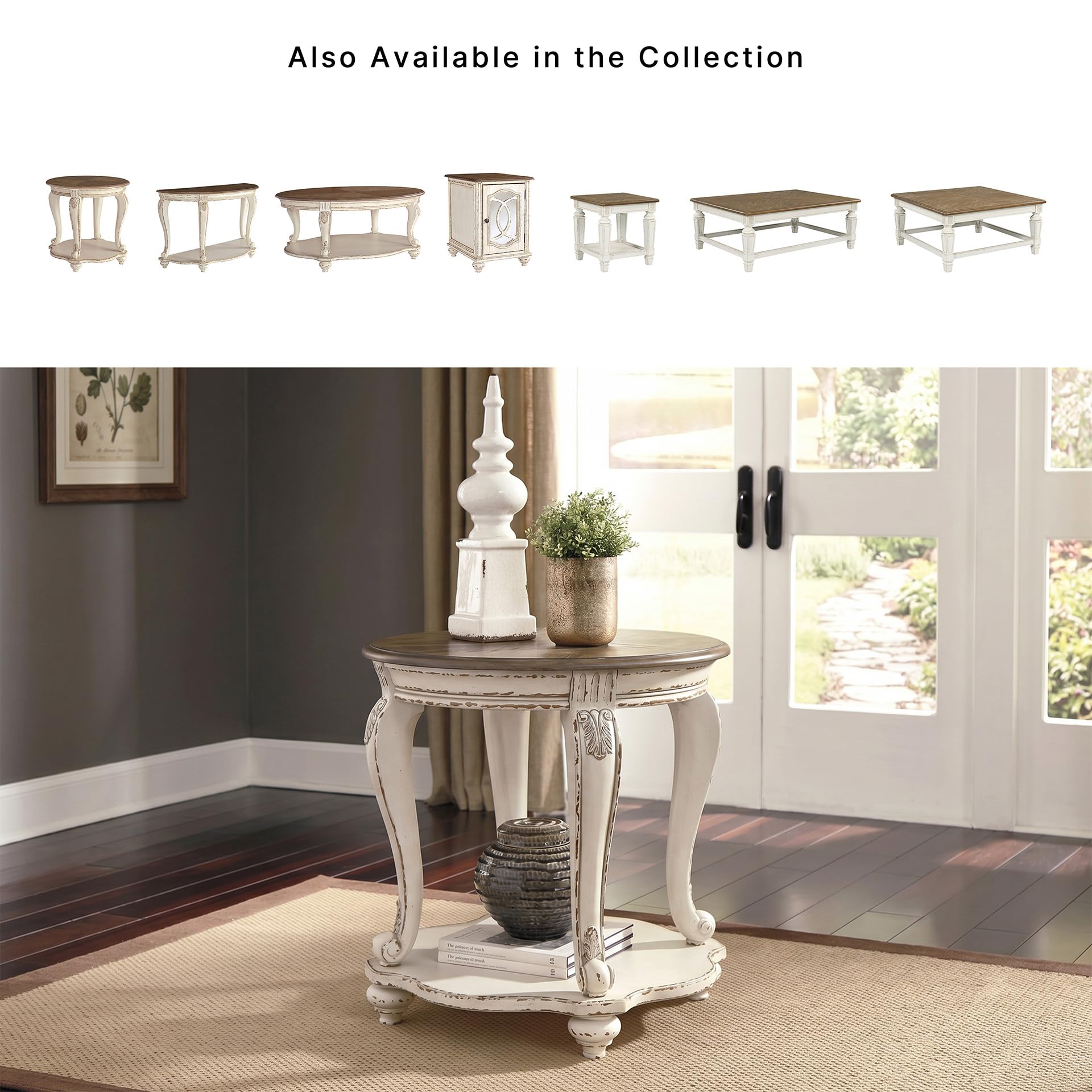 Signature Design by Ashley Realyn Round End Table, Cottage-Style Side Table with Antiqued Two-Tone Finish, Wood & Veneer Construction for Living Room or Bedroom, White/Brown