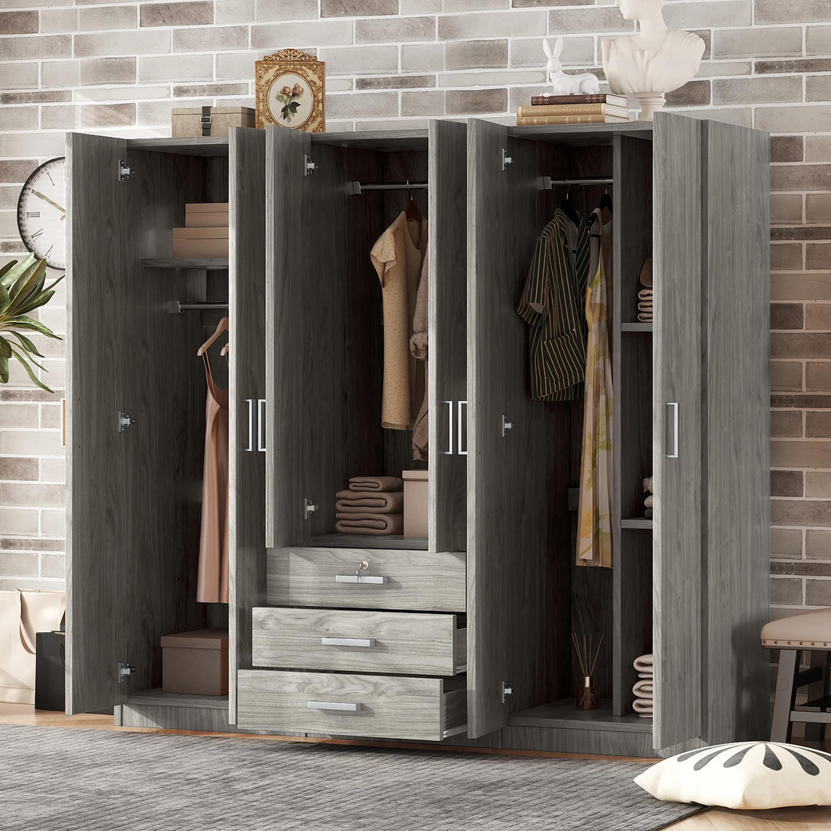 Merax Large 6 Doors Wooden Wardrobe, Bedroom Tall Armoire Closet Organizer with Big Drawers, Hanging Rails and Shelves, Clothes Storage Cabinet for Garage & Laundry Room, Grey