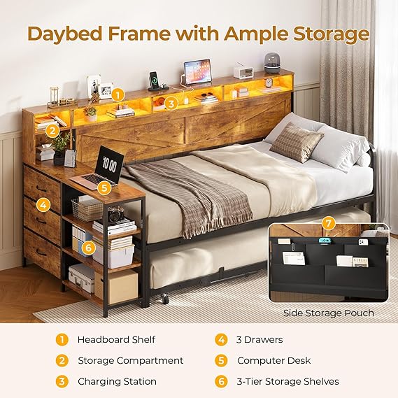 Twin Daybed with Trundle, Storage Drawers & LED Lights