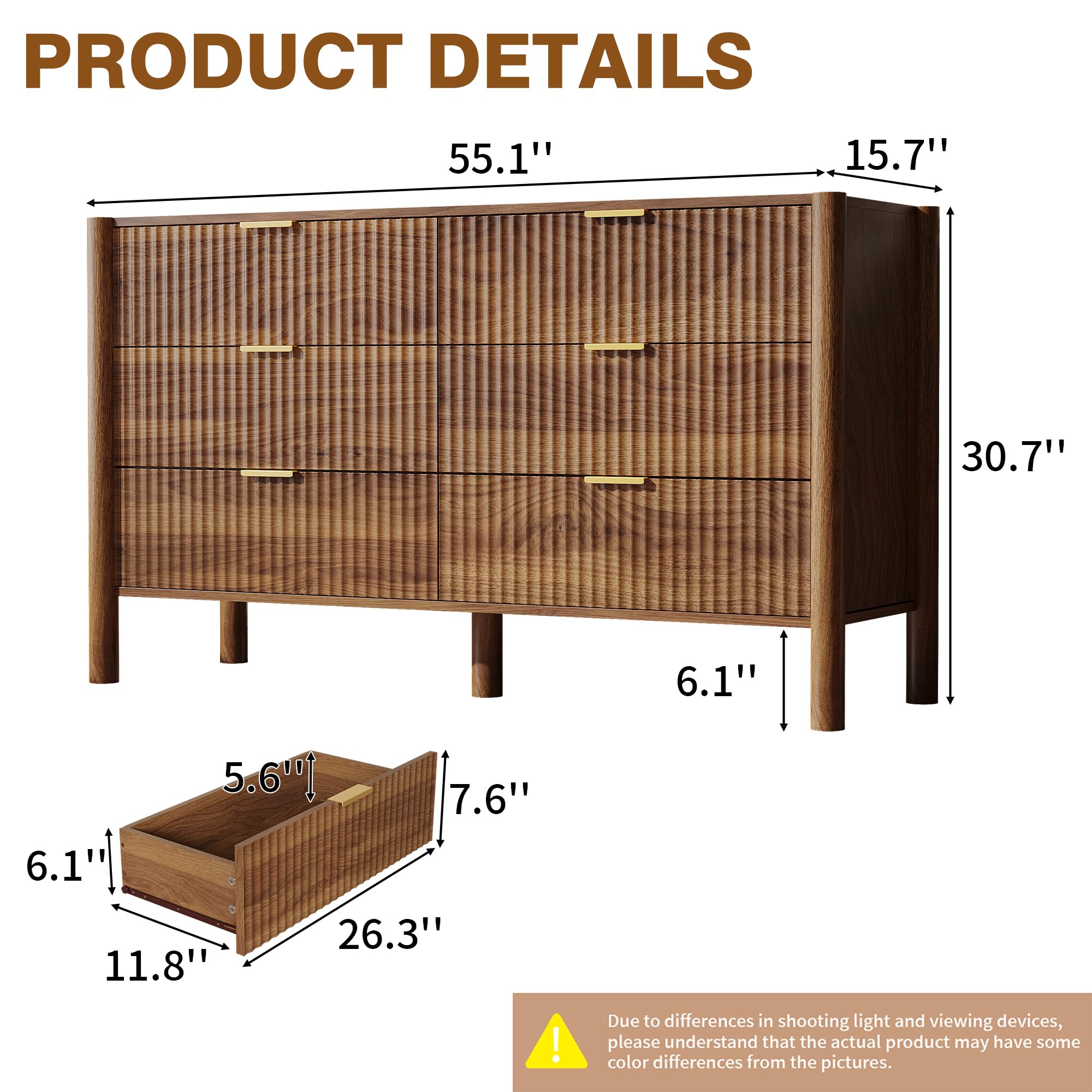 CHUWELL Fluted Walnut Dresser for Bedroom, 55.1" Wide Mid Century Modern Chest of Drawers with 4 Solid Wood Cylindrical Legs & Gold Metal Handles, 6 Drawer Large Dresser for Bedroom
