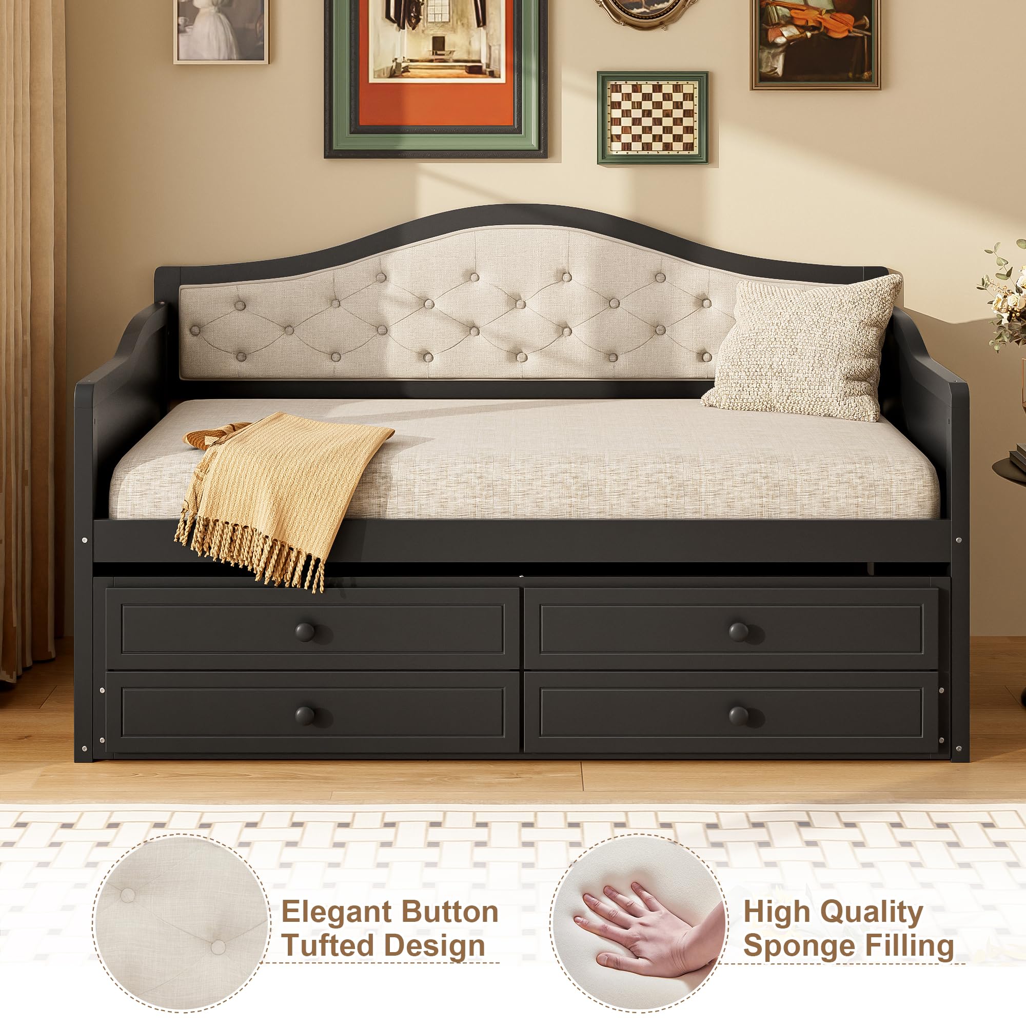 Bellemave Twin Size Daybed Frame with Trundle and Storage Drawers,Day Bed Frame Twin Size,Wood Daybed with Upholstered Button Tufted Backrest for Bedroom,Living Room,Black