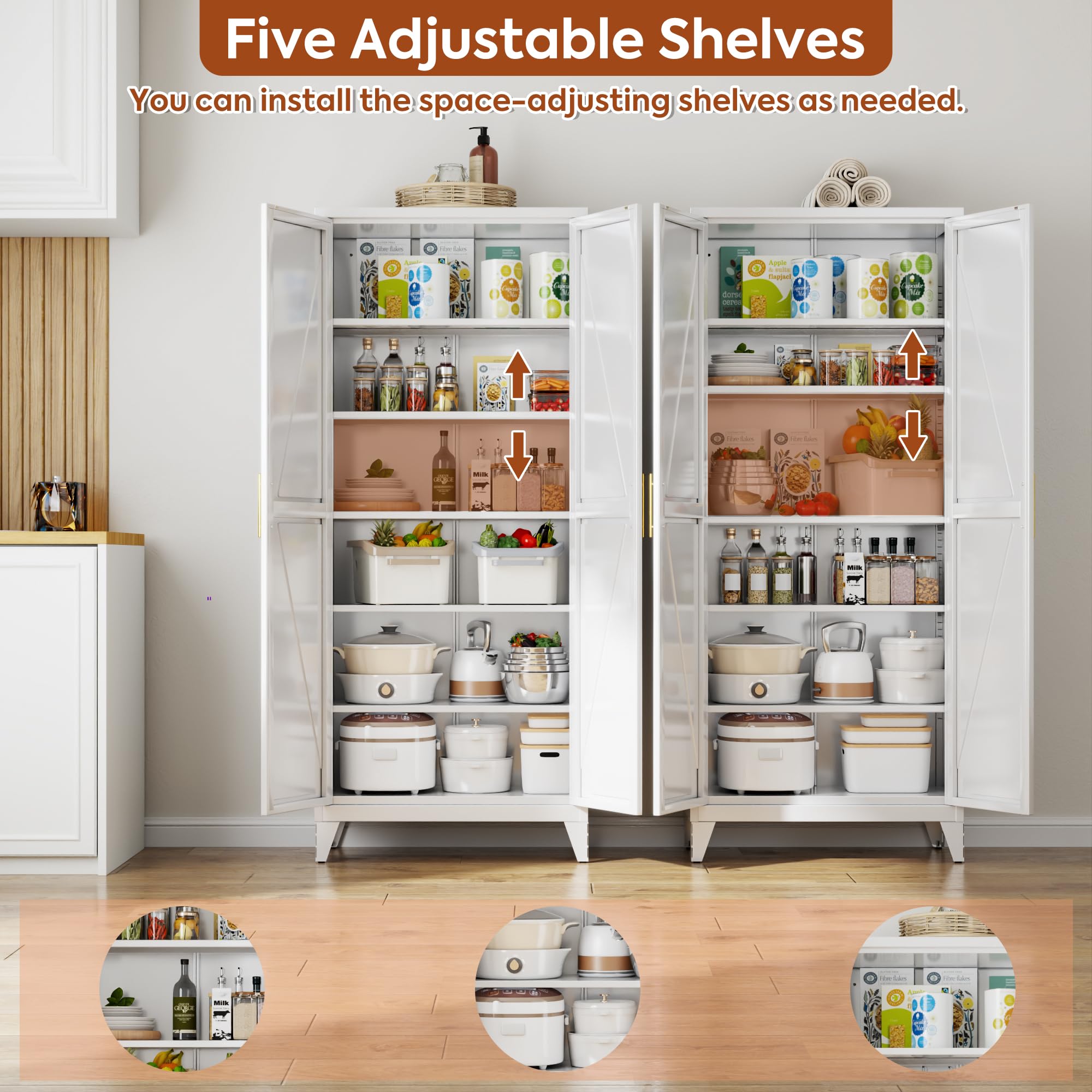 GangMei 75.3 in Metal Kitchen Pantry Cabinet, White, 5 Adjustable Shelves