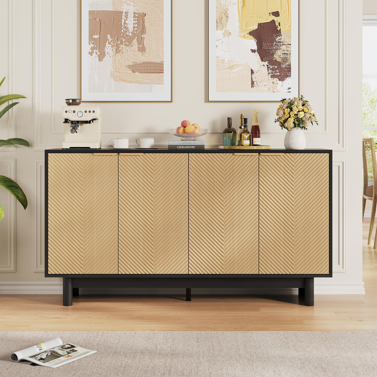 58" Fluted Sideboard Buffet Cabinet with Storage, Modern Storage Cabinets