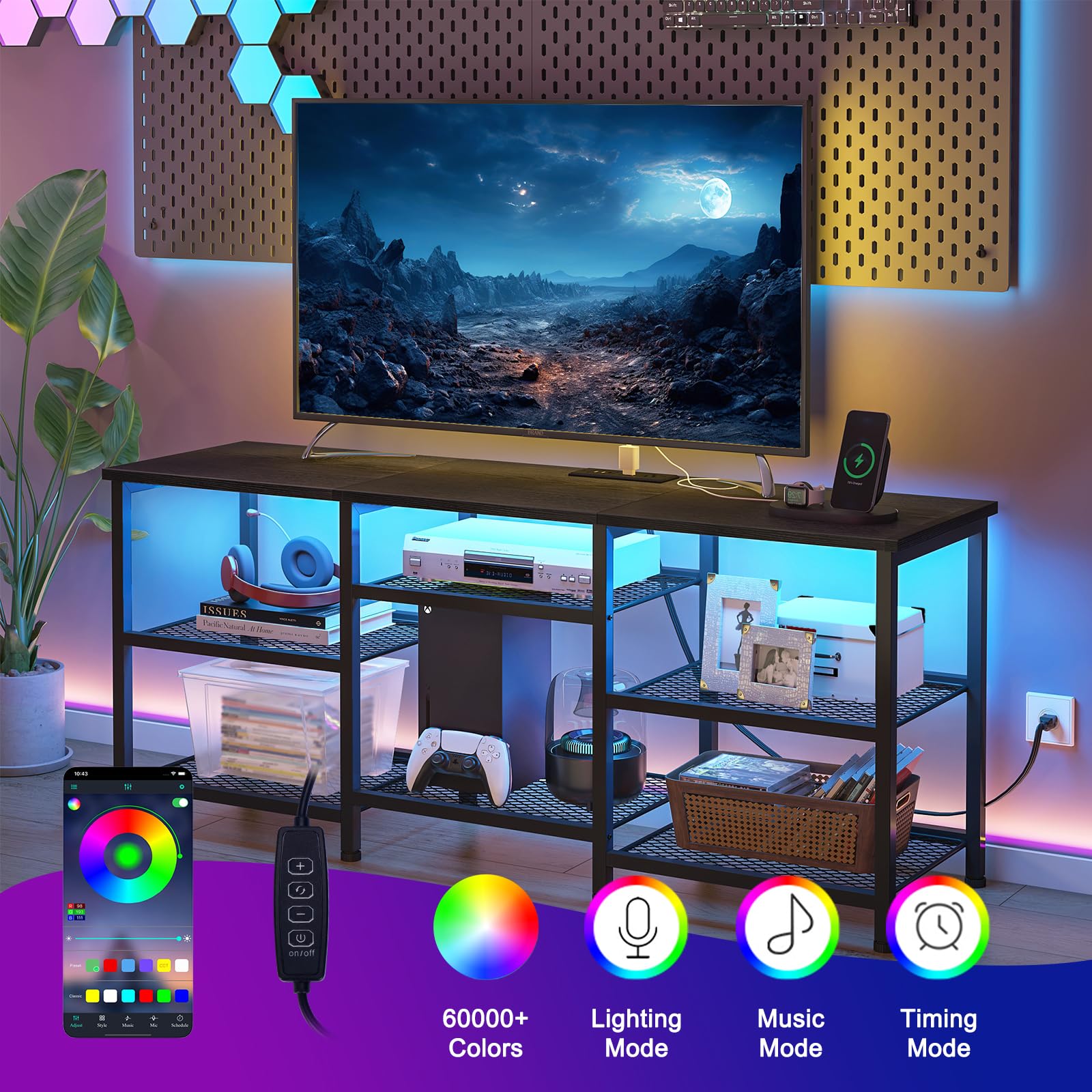 TV Stand with Charging Station & LED Lights