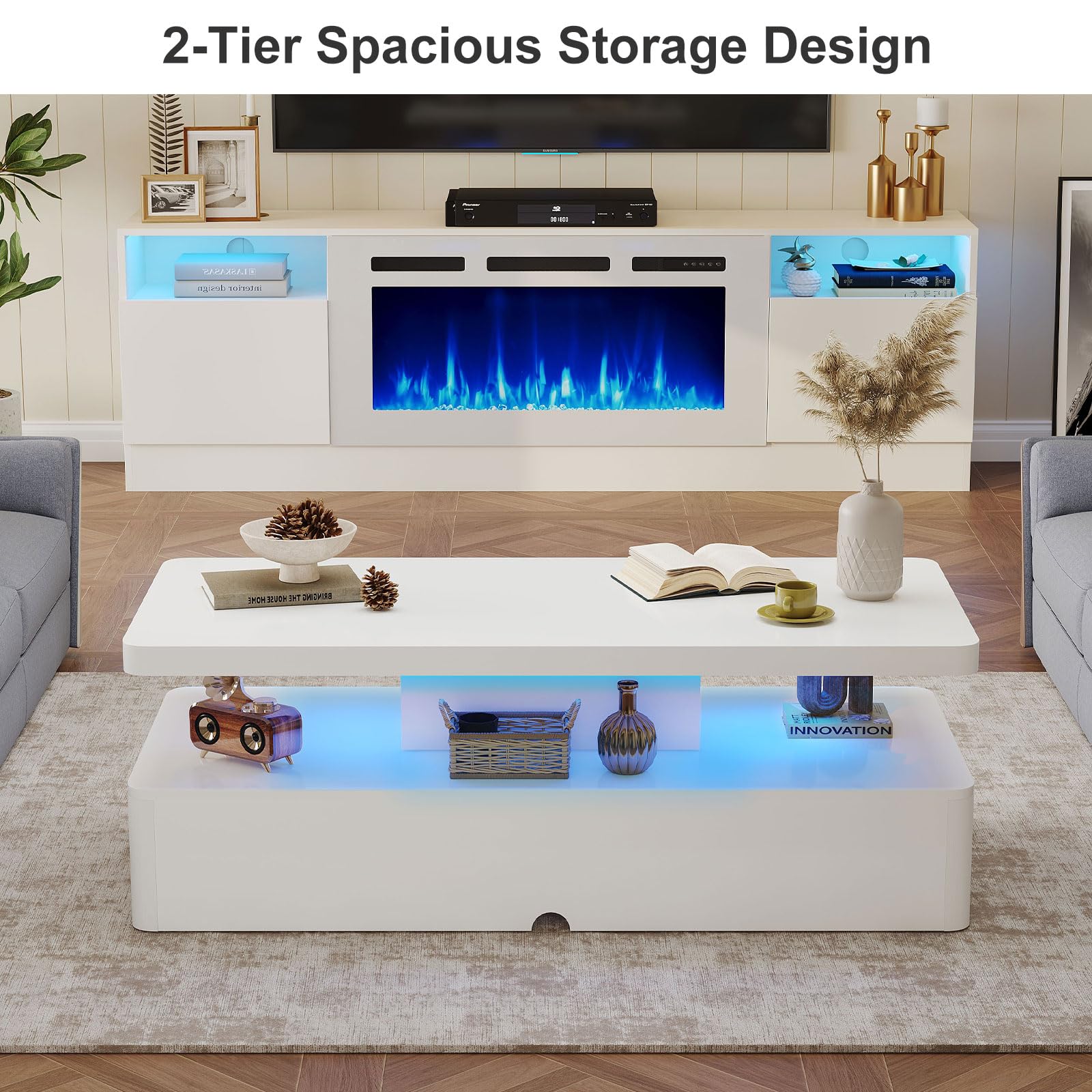 MXV Modern Coffee Table, 47 Inches Coffee Tables with 16 Colors LED Lights, 2 Tier Rectangular Center Table, Large Storage Space, High Glossy Wooden Tea Table for Living Room, Bedroom, Office, White
