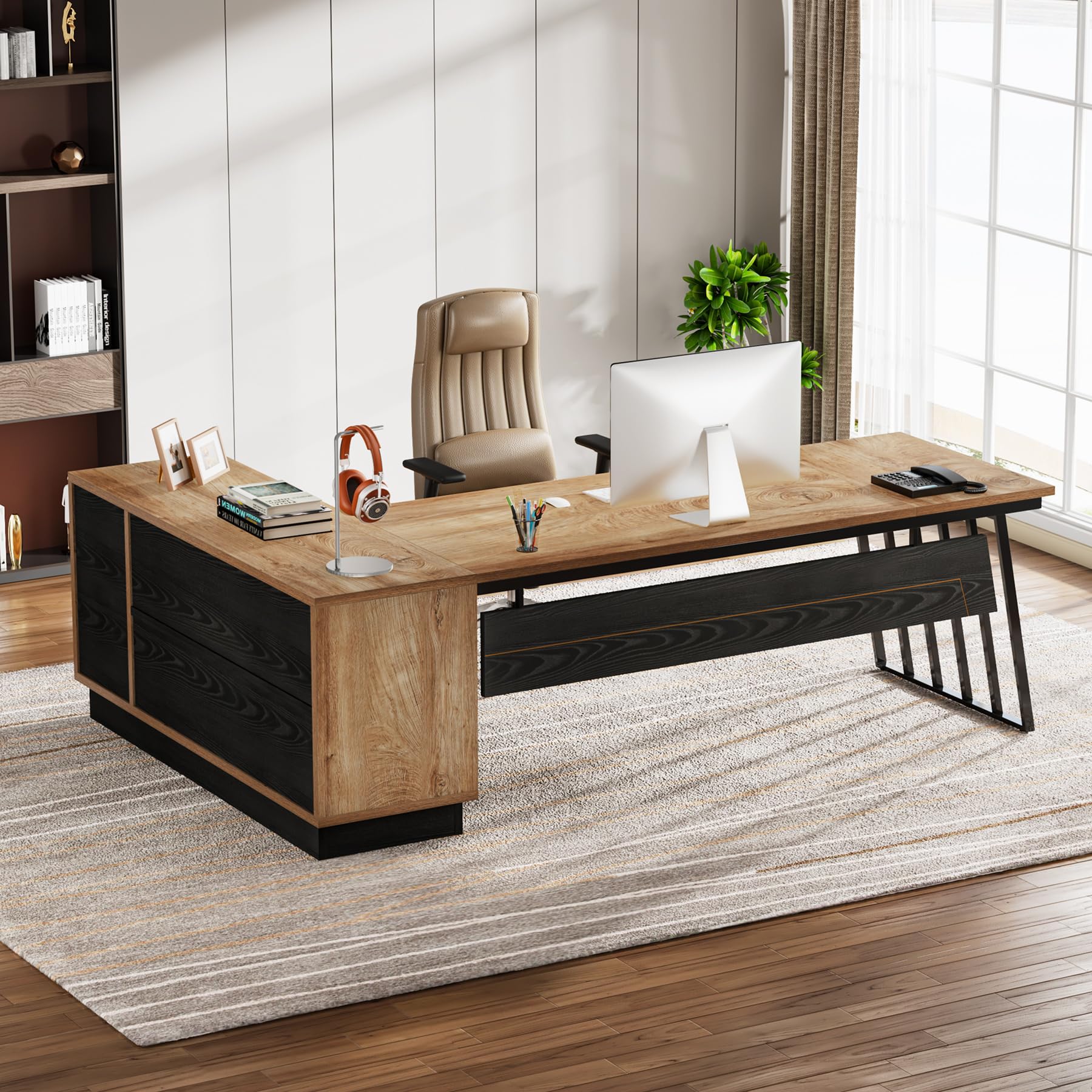 L-Shaped Executive Desk with Cabinet & Drawers