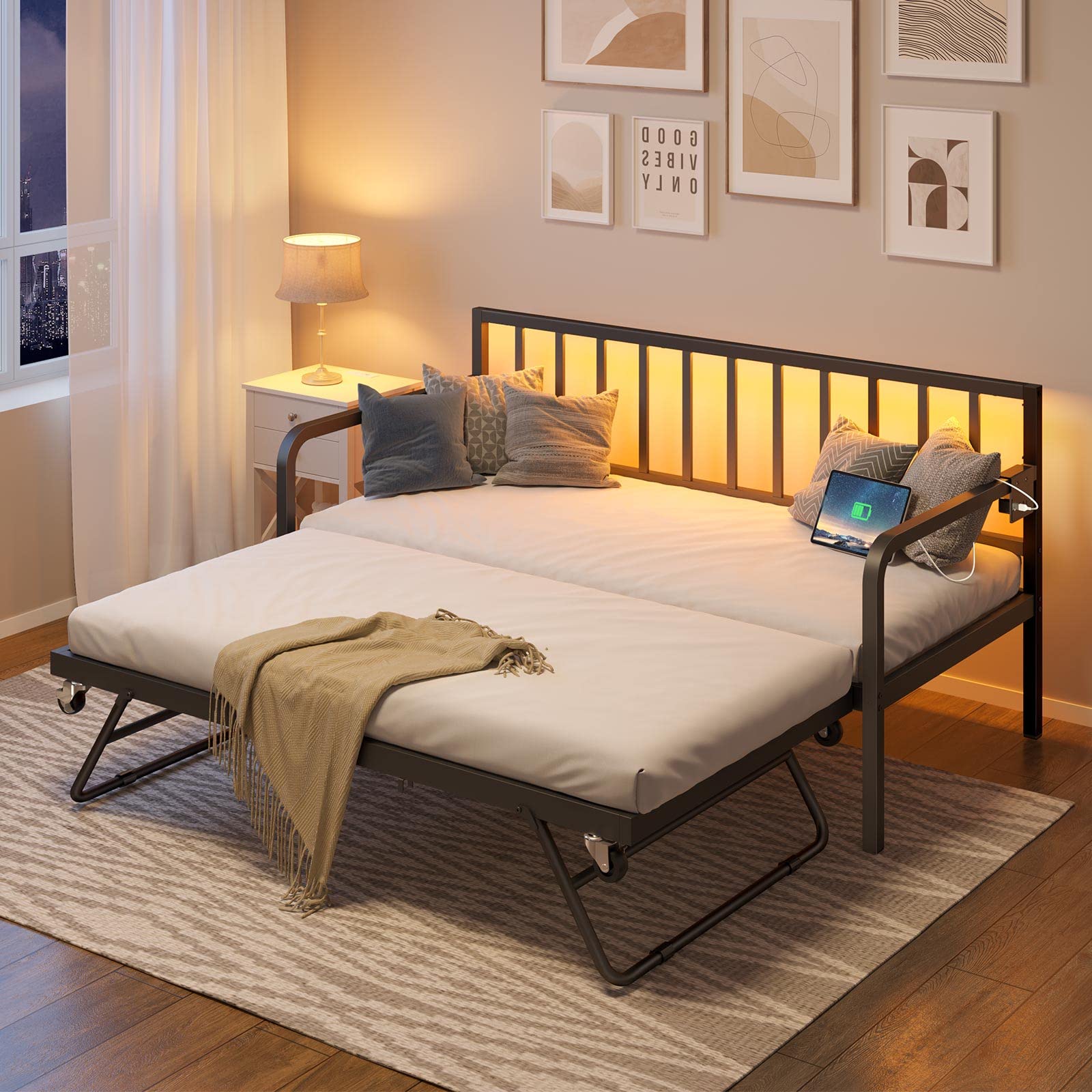 Twin Daybed with Trundle, Charging Station & LED Lights