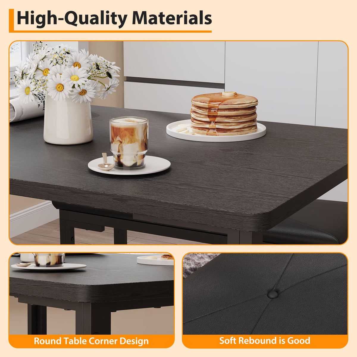 Garvee 3-Piece Dining Table, Small Kitchen Table with 2 Upholstered Benches