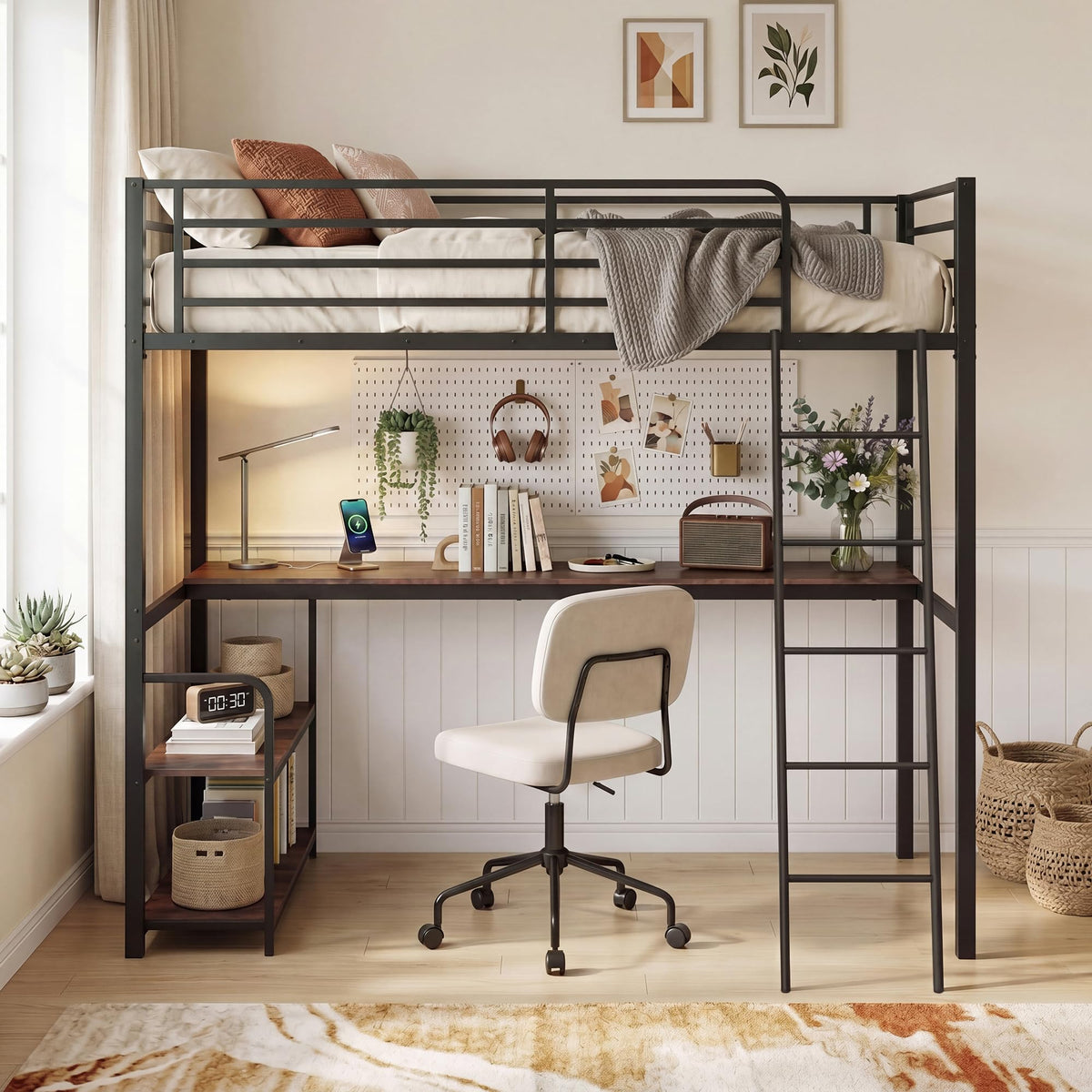 GIANTEX Twin Loft Bed with Desk & Charging Station, Industrial Metal Bed Frame w/Inclined Ladder, Safety Guardrail & Storage Shelves for Kids, Teens, Bedroom, Dorm, Space-Saving, No Box Spring Needed