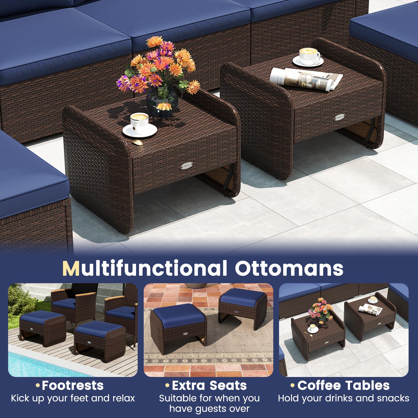 Rattan Patio Ottoman Set of 2 with Removable Cushions