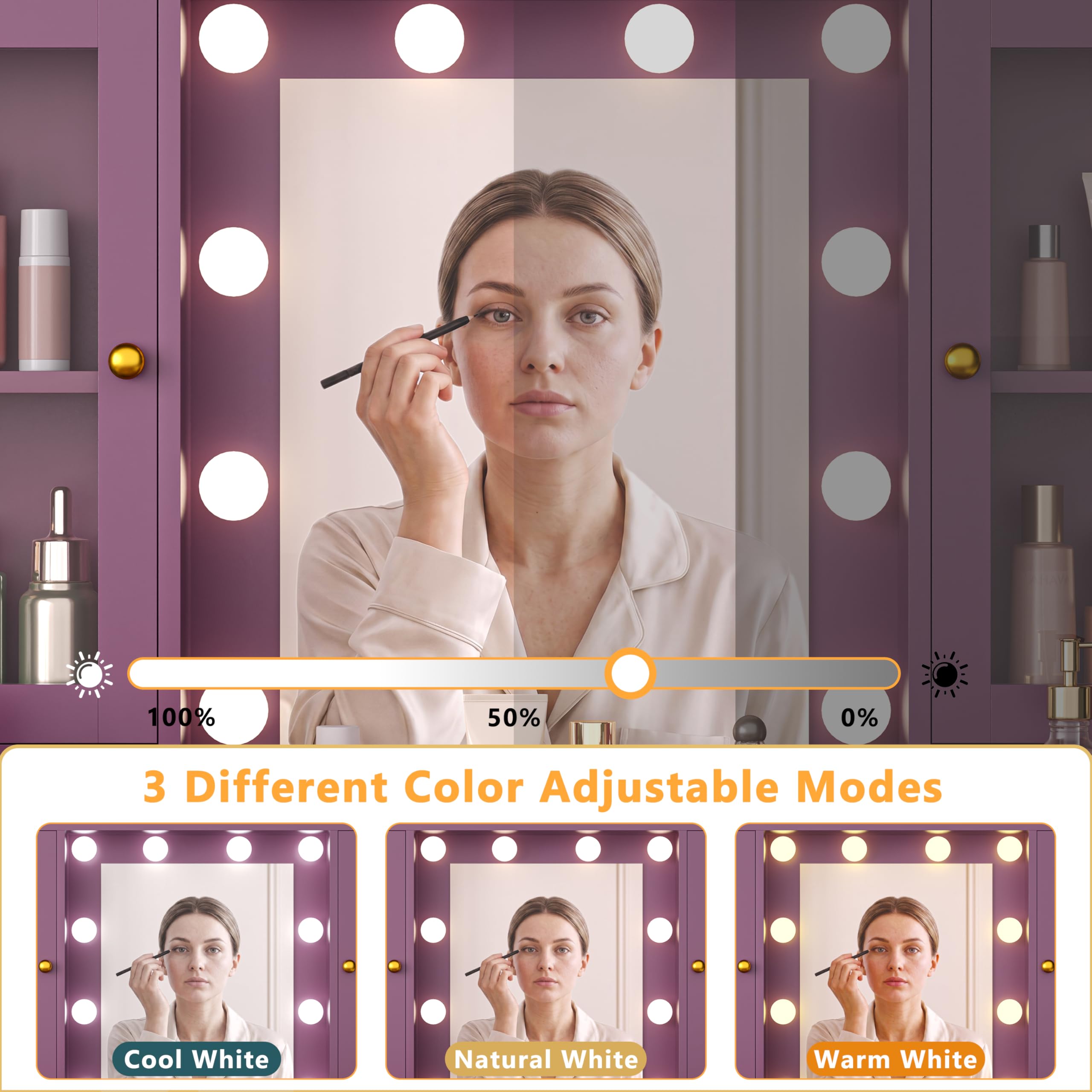 HUANLEGO Vanity Desk with Mirror and Lights, Purple Makeup Vanity Mirror with Lights & Power Outlet and 7 Drawers, 2 Cabinet, 3 Color Modes Adjustable, Dressing Table Set for Girls Women
