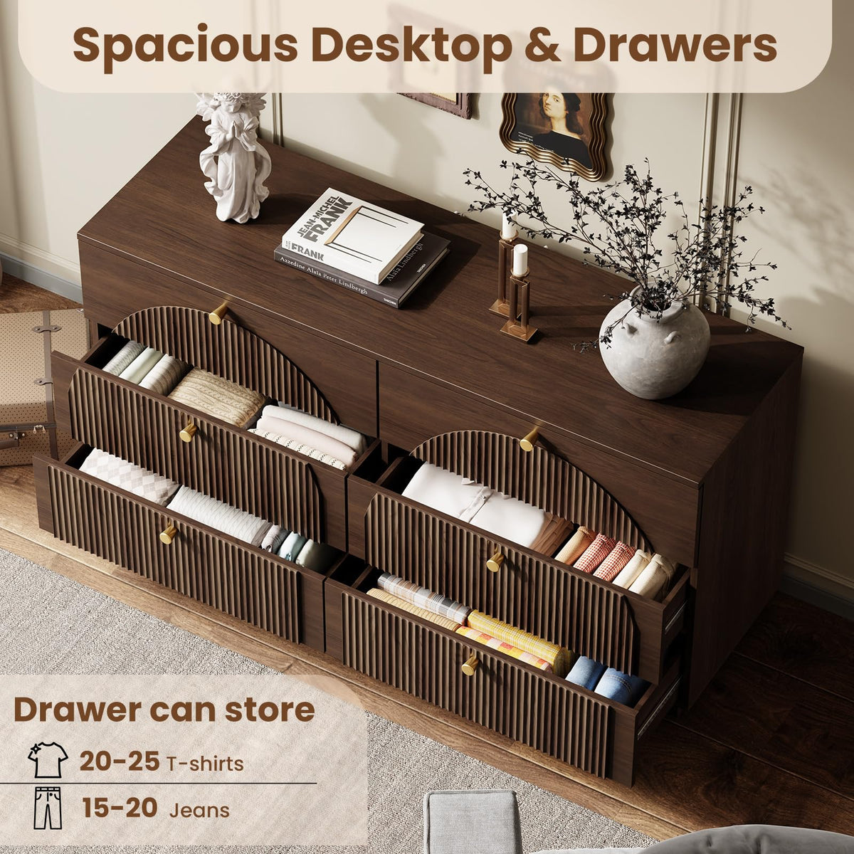 Herihome Arched Fluted Dresser for Bedroom with 6 Drawers 55" Wide Walnut