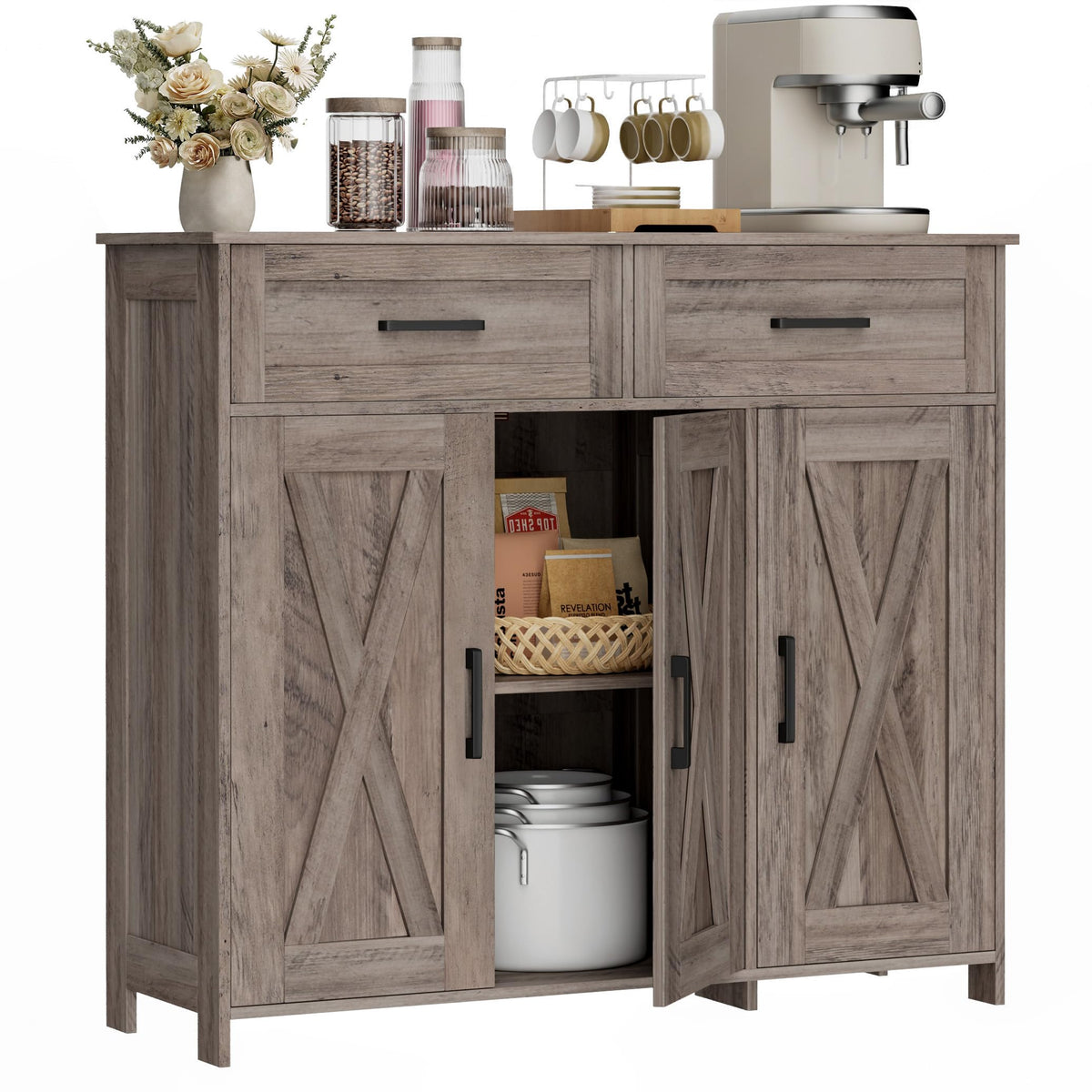 Homhedy Coffee Bar Storage Cabinet with Drawers, Kitchen Buffet Cabinet