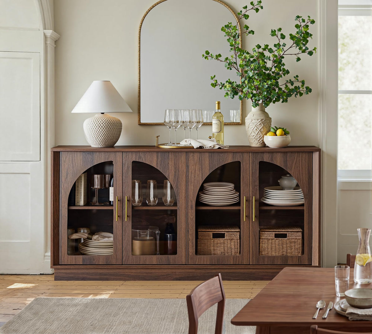 FORTUNETEC 64" Sideboard Buffet Cabinet with Arched Glass Doors,Dark Walnut