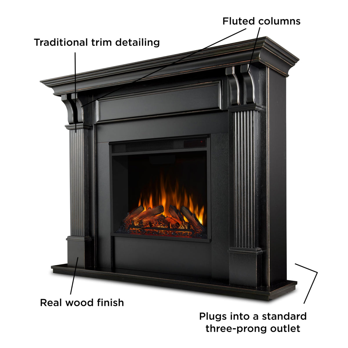 Real Flame Ashley 48" Electric Fireplace with Mantel for Living Room or Bedroom, Replaceable Fireplace Insert Heater, Realistic Log and Flame Effect, Remote Control, Timer
