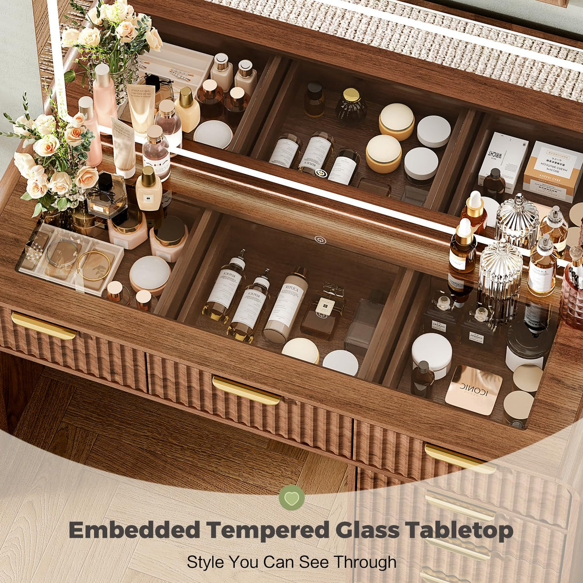 Walnut Makeup Vanity with LED Mirror
