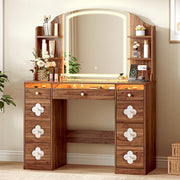 Ieejdn 43.3" Makeup Vanity with LED Mirror, 9 Drawers Dresser with Clover Handles, Built-in Shelves & Power Outlet, Lighted Vanity Desk with Storage for Bedroom, Walnut