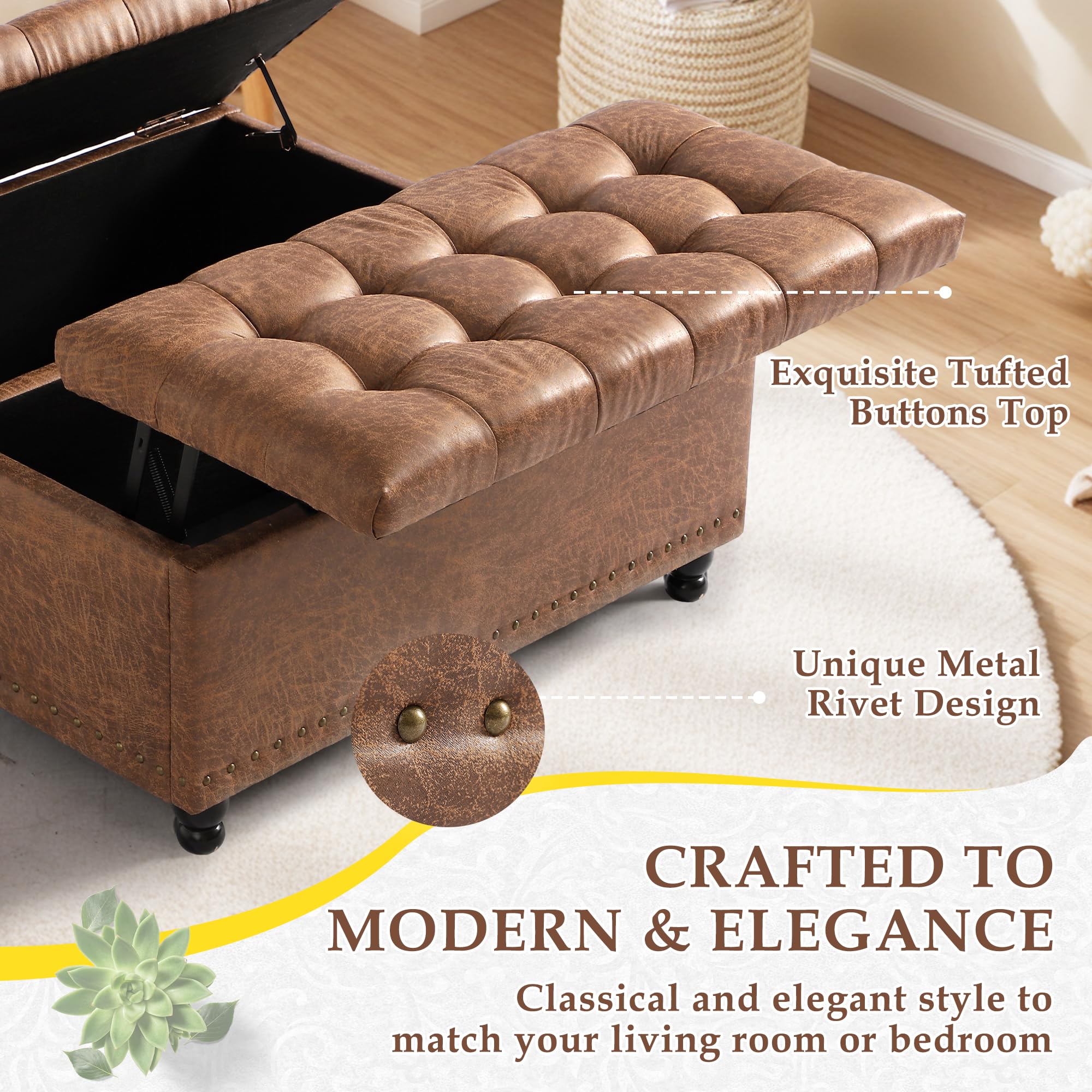 UTOASIS 36" Large Square Ottoman with Storage, Tufted Upholstered Storage Ottoman with Lift Top & Solid Legs for Bedroom Room, Extra Large Coffee Tables Bench for Living Room as Footstool (Brown)