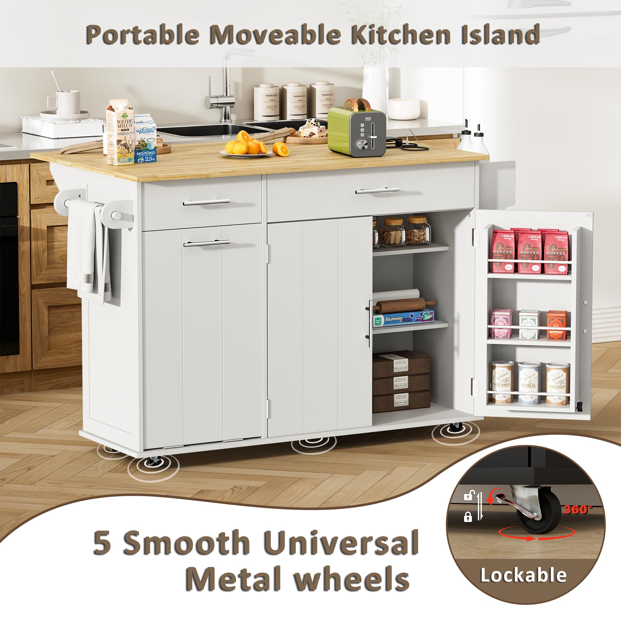 Rolling Kitchen Island with Trash Can & Drop Leaf