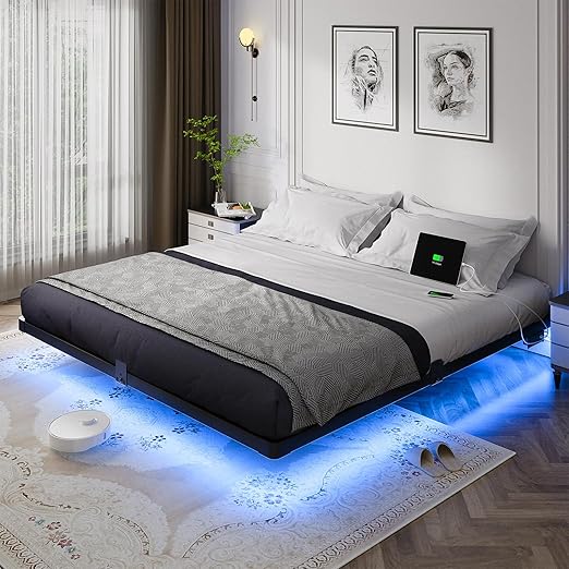 Floating Metal Platform Bed Frame with LED Lights & Charging Station