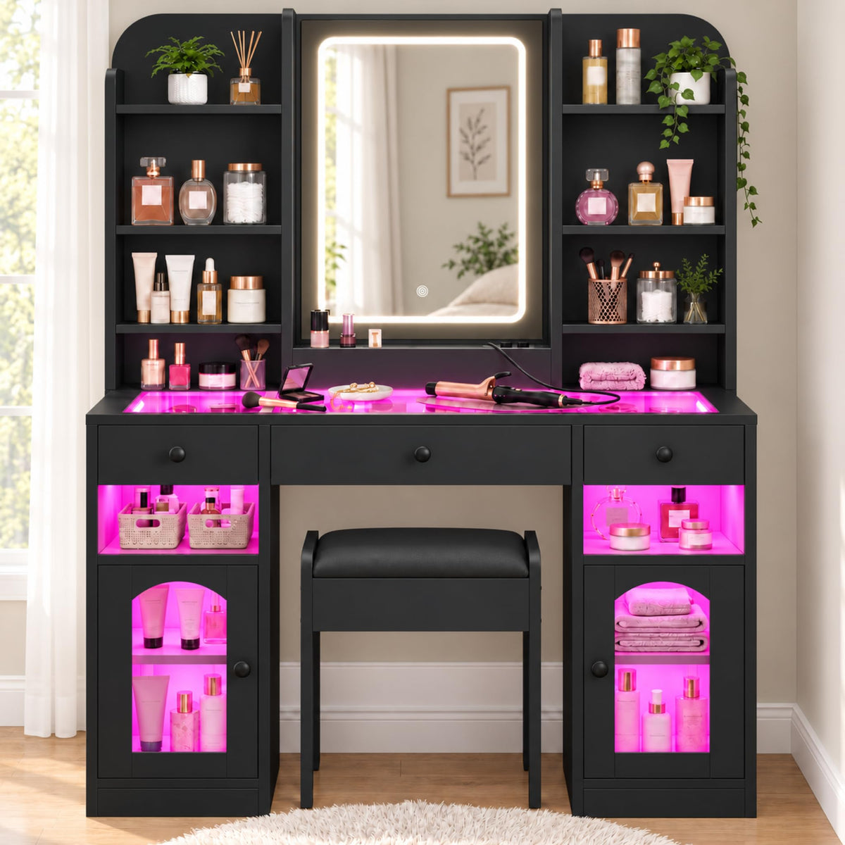 43" Vanity Desk with Mirror & Lights, Glass Top Makeup Vanity Set, Black