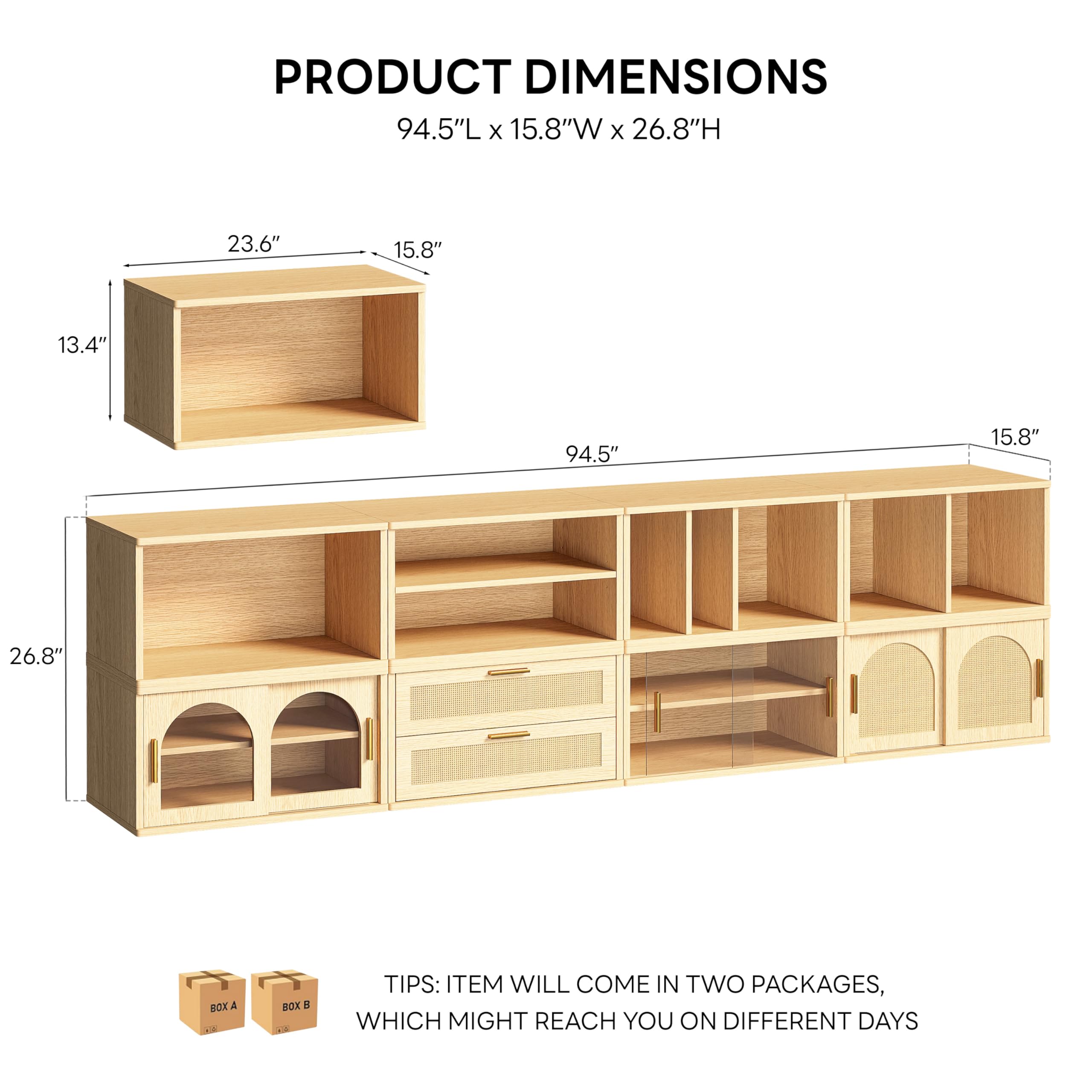 LIKIMIO Modular TV Stand Set for 65-100 Inches TV, Flexible Combination Entertainment Center with 8-Piece Storage Cabinet, Wood Media Console with Drawers & Rattan Doors for Living Room, Natural