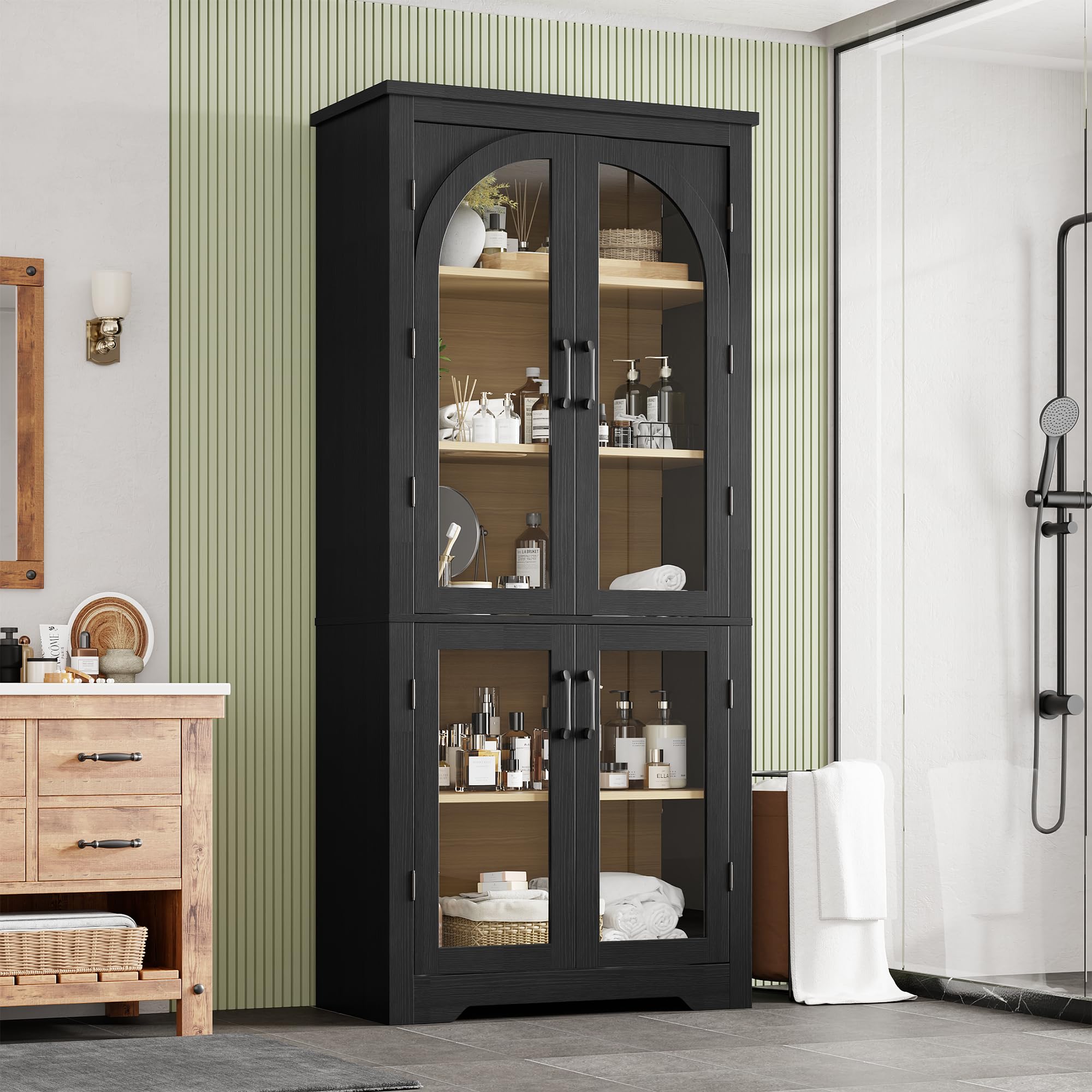 Garvee 70" Tall Kitchen Pantry Cabinet - Modern Display Cabinet with 4 Arched Glass Doors and Adjustable Shelves, Versatile Cupboard Organizers for Kitchen, Dining Room, Living Room, Bathroom, Black