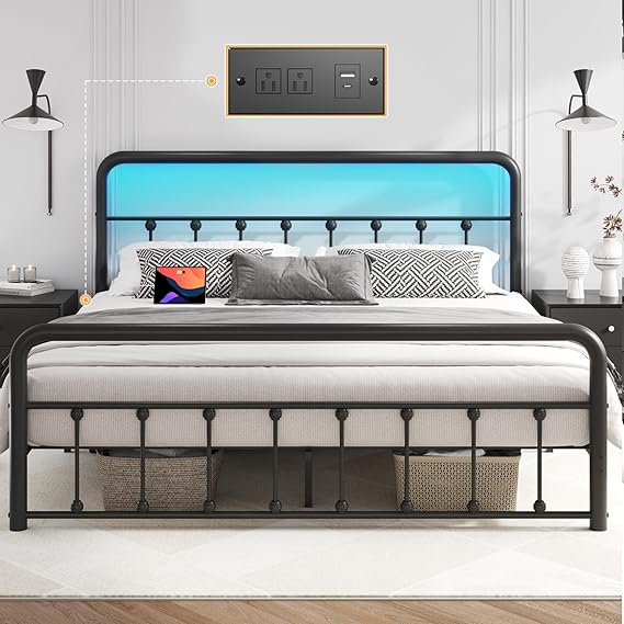 Metal Platform Bed Frame with LED & Charging Station