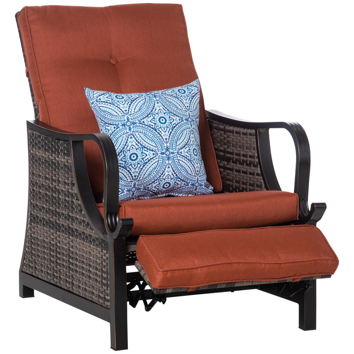 Outsunny Outdoor Recliner Chair with Cushion, Rust-Resistant Aluminum Frames PE Wicker Patio Lounge Chaise Chair with Adjustable Reclining Backrest and Footrest, Pillow, Red