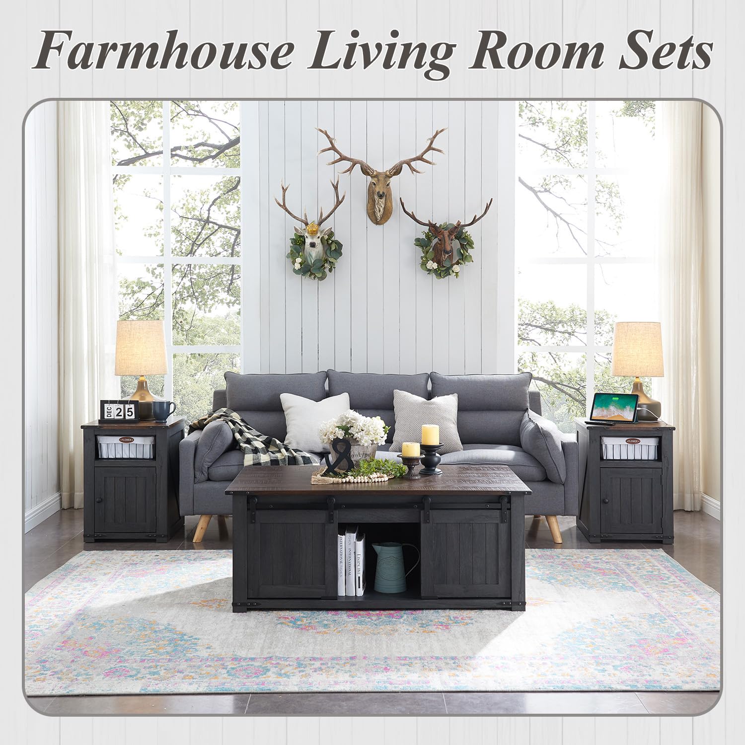 IFGET 48" Lift Top Coffee Table, Farmhouse Cocktai with Sliding Groove Barn Door, Rustic Wood Center Table w/Double Storage Spaces for Living Room, Dark Grey