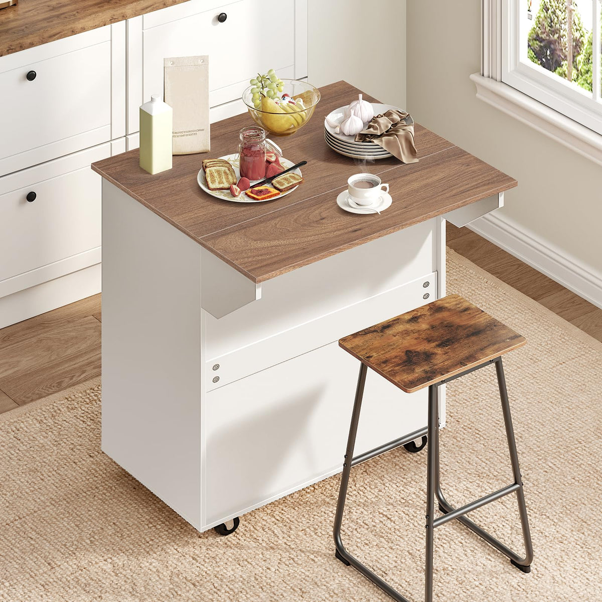MAHANCRIS Kitchen Island on Wheels with Drop Leaf, Folding Countertop Kitchen Island Cart, Kitchen Island Table with Towel Rack, Drawer, for Kitchen, Dining Room, White and Walnut KIBZ12501