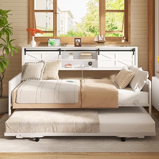 Twin Daybed with Pop-Up Trundle & Bookcase Headboard