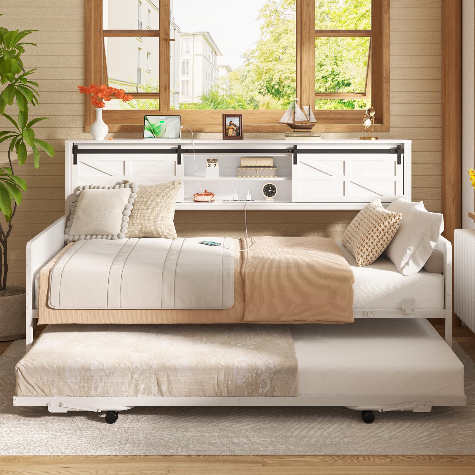 Homieasy Farmhouse Twin Daybed with Pop-Up Trundle, Metal Trundle Bed Frame with Bookcase Headboard, Charging Station & Barn Door Storage for Bedroom & Guest Room, White