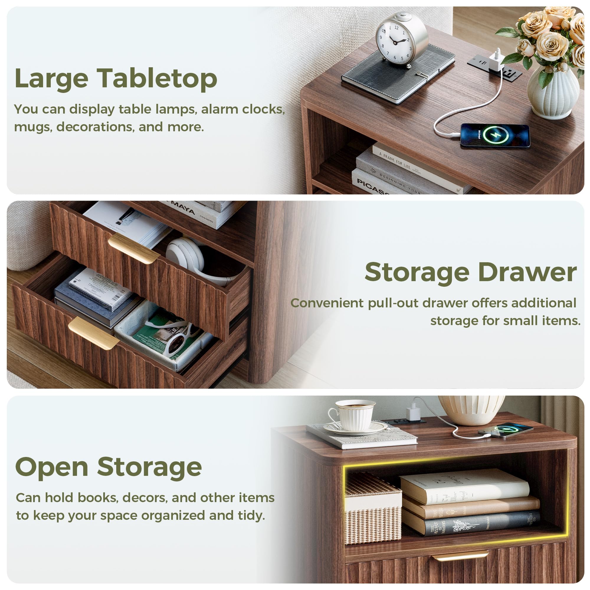 Fluted Nightstand Set of 2 with Charging Station