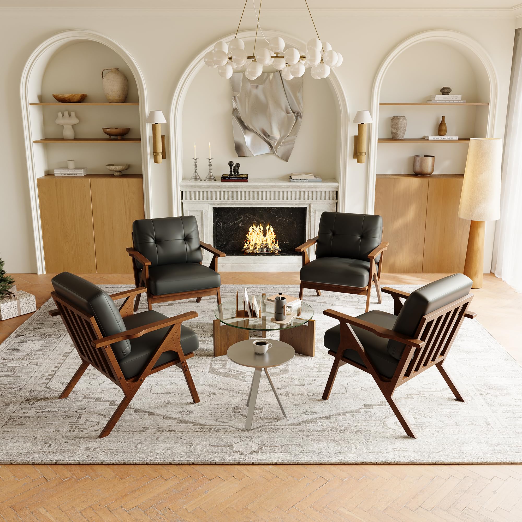 Mid-Century Leather Accent Chair with Wooden Arms