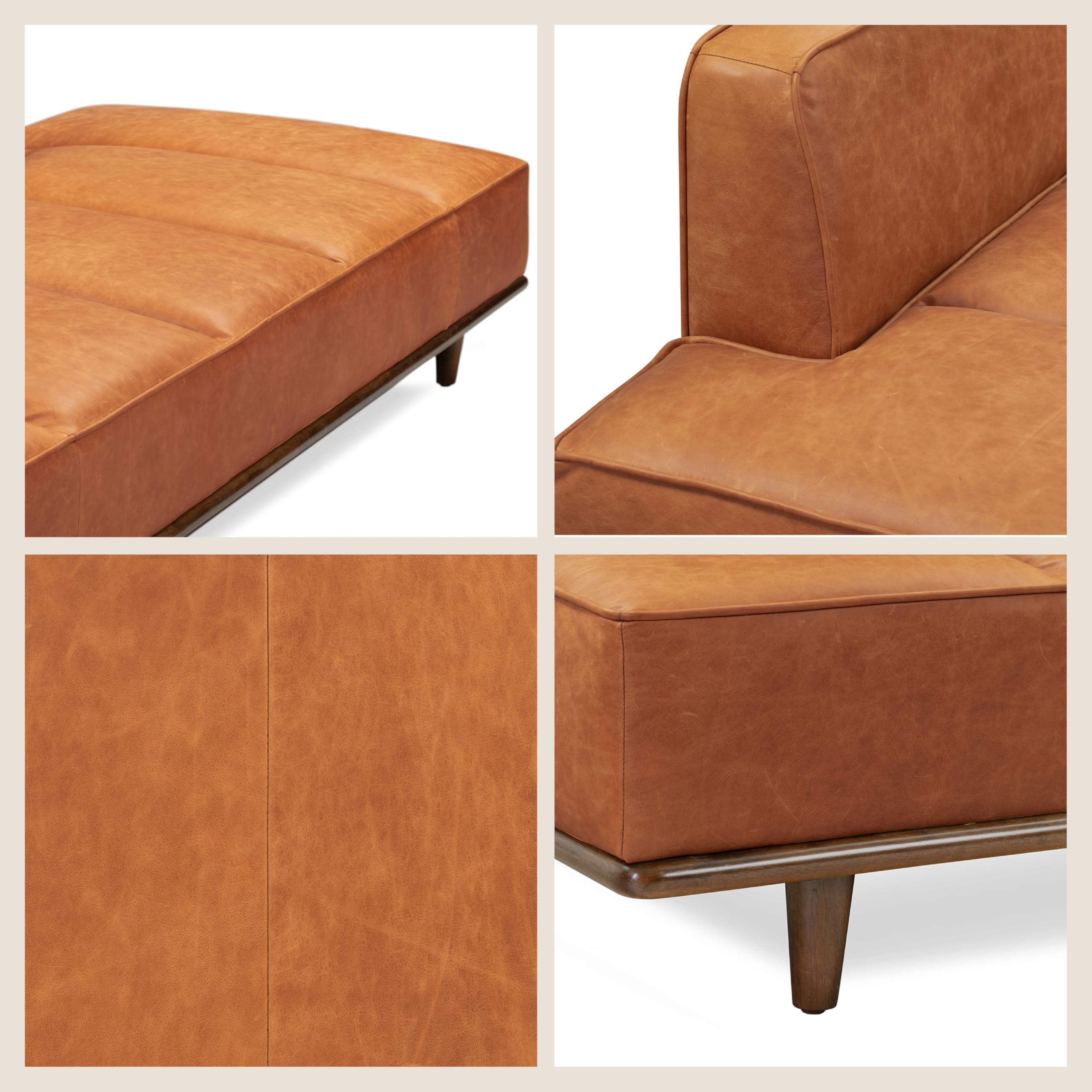 Poly & Bark Jasper Daybed - Cognac Tan - Full-Grain Pure-Aniline Leather Upholstery – Walnut-Stained Ash Wood Frame, 6.6 Feet – Modern Daybed for Living Room or Guest Space – Minimal Assembly