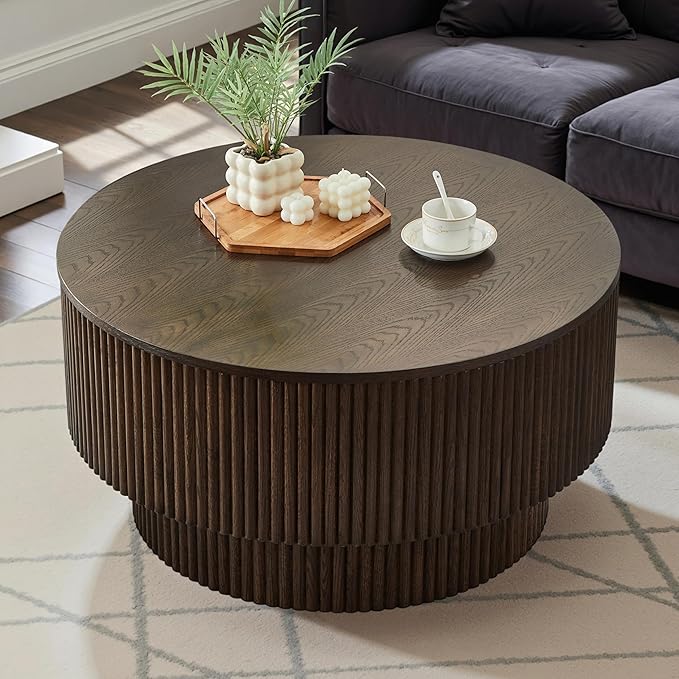 Round Fluted Wood Coffee Table with Storage
