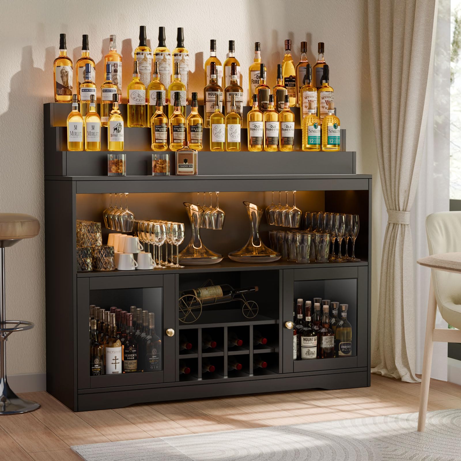 Loomie Wine Bar Cabinet with LED Lighted Liquor Bottle Display Shelf, Liquor Cabinet with Glass Holder, Coffee Bar for Liquor, Storage Buffet with Wine Racks, Wine Cabinet with Door (Black)