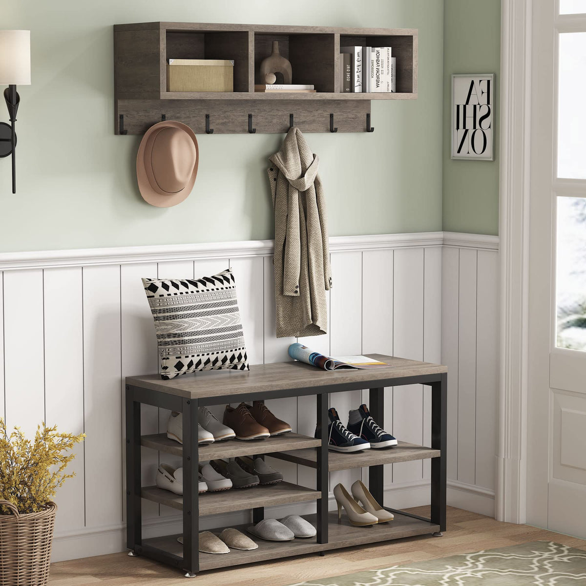 Industrial Coat Rack & Shoe Bench Set