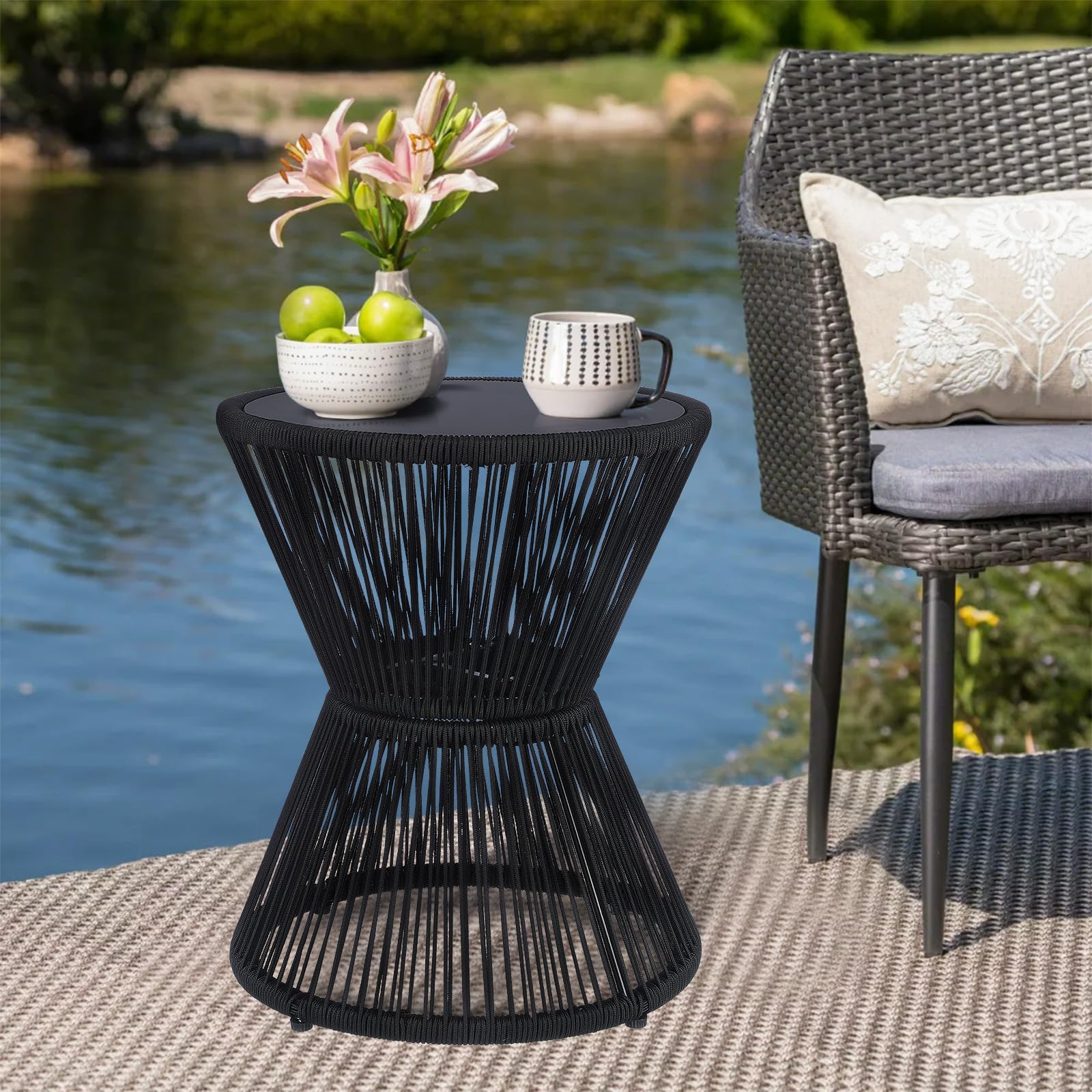 Woven Rope Outdoor Side Table with Glass Top