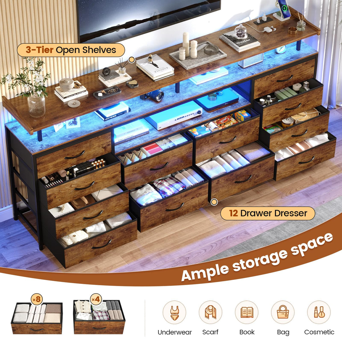 BTHFST 12 Drawers TV Stand Dresser for Bedroom for 55, 60, 70 inch TV