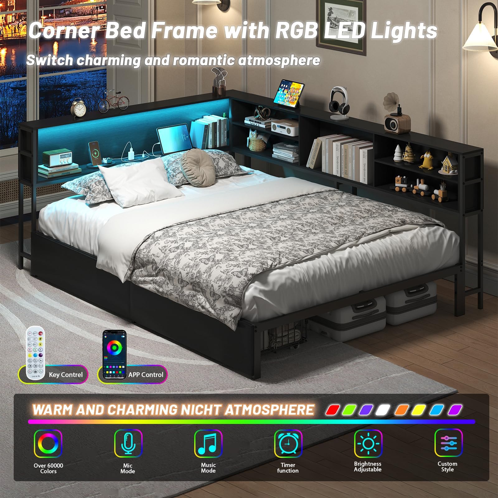 Full Size Corner Bed Frame with Storage, LED Lights & Charging Station