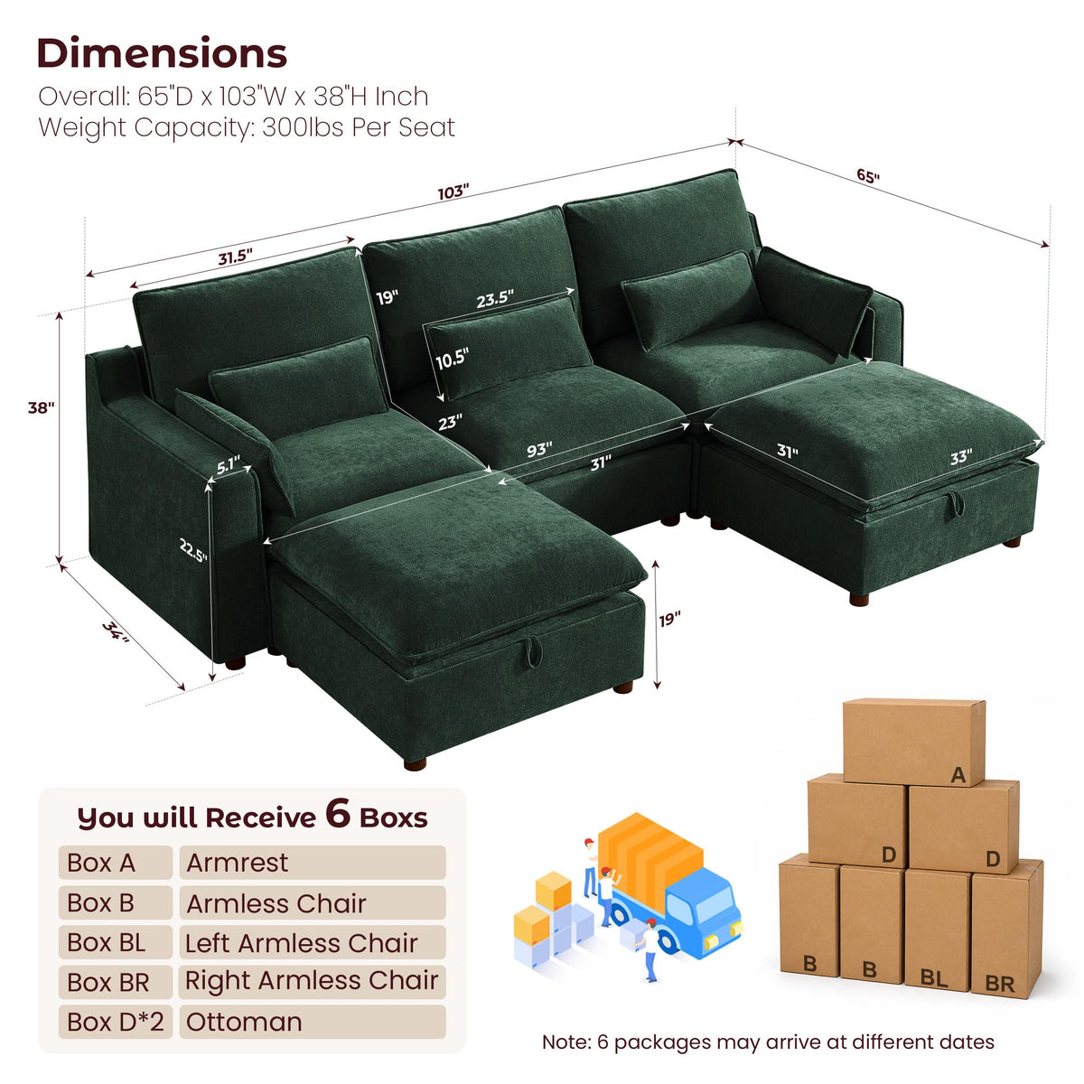 WorthFurni Modern Modular Sectional Sofa,103" U Shape Minimalist Couch with Storage Ottoman,Comfty 4 Seat Sofa for Living Room,Green Chenille