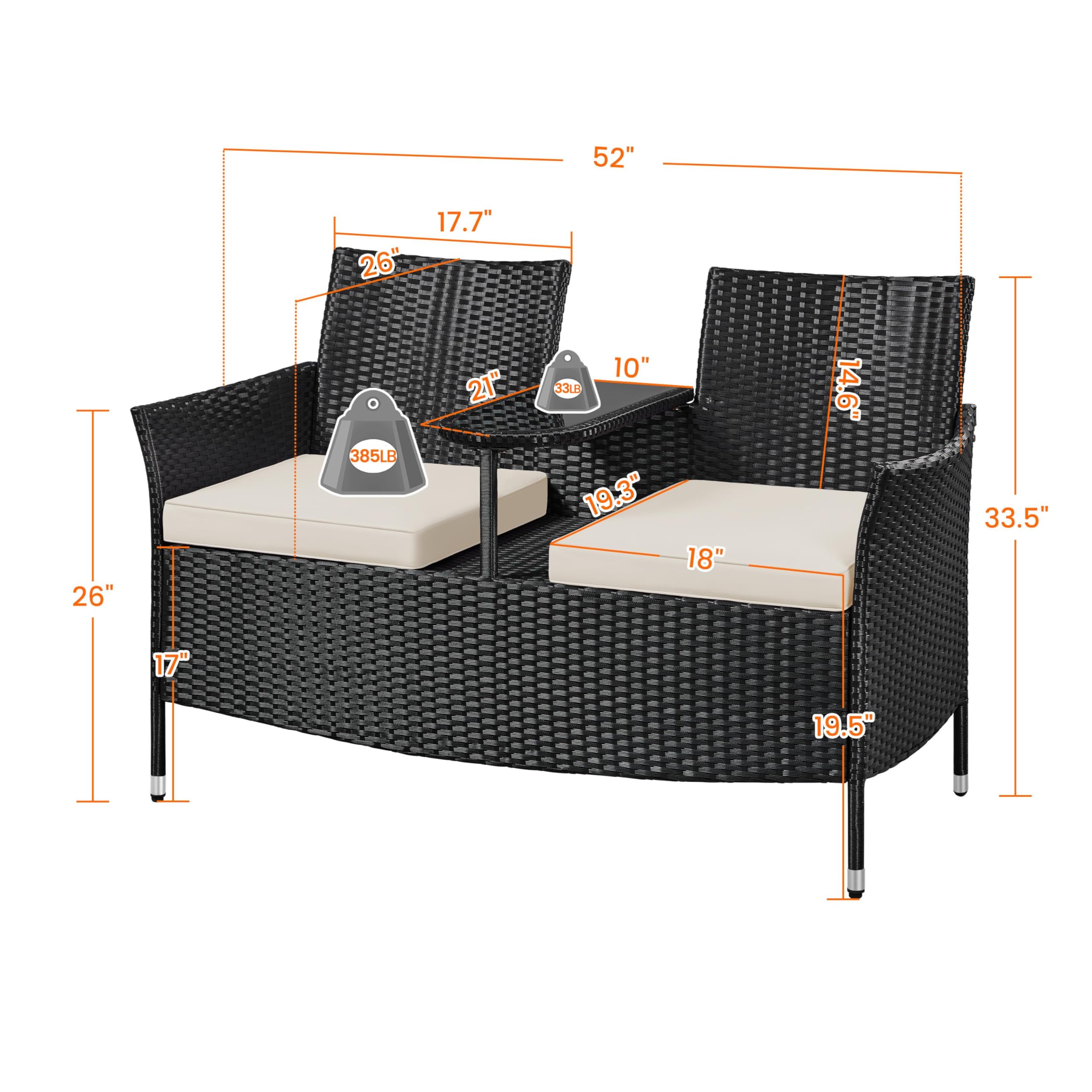 Outdoor PE Rattan Loveseat with Side Table & Cushions