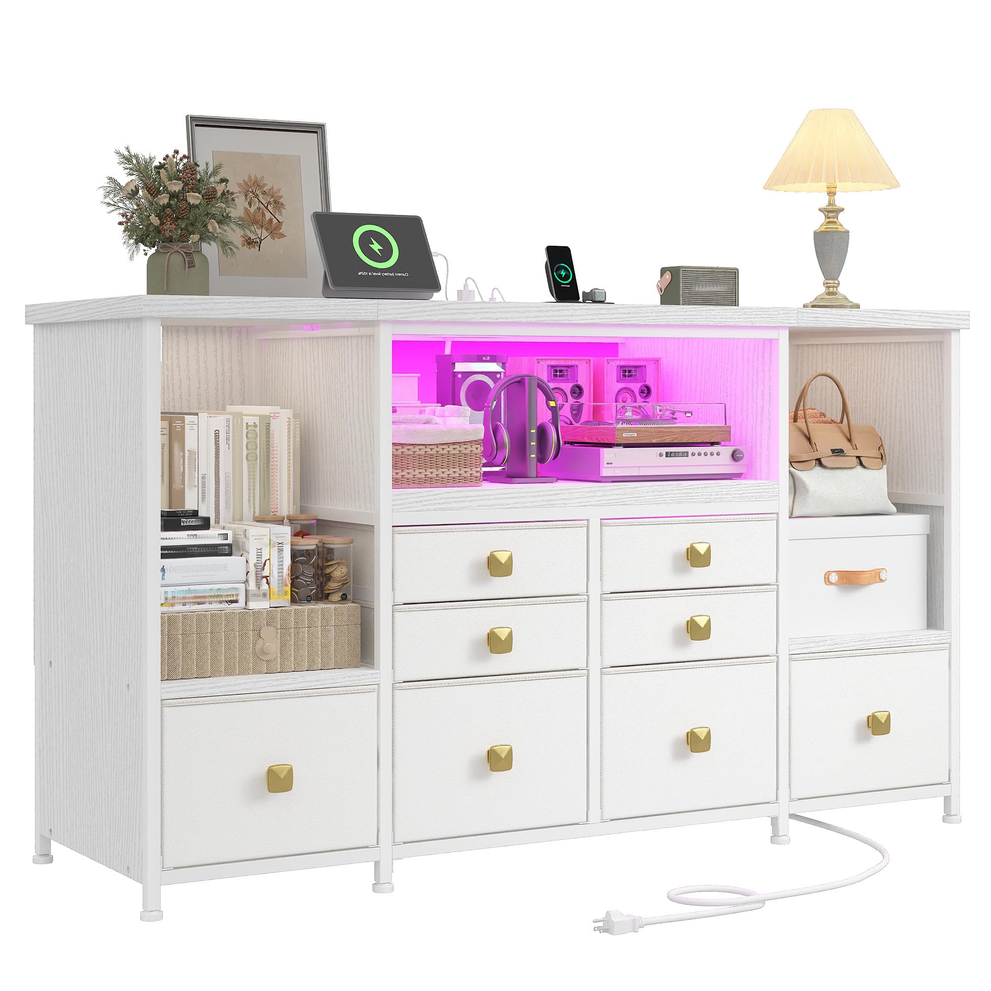Dresser for Bedroom with 8 Fabric Drawers & 17.5''H Semi-Open Wooden Shelf,TV stand with LED Lights & Charging Station,Sturdy Steel Frame & Wood Top,Storage Cabinet for Hallway,Living Room,White