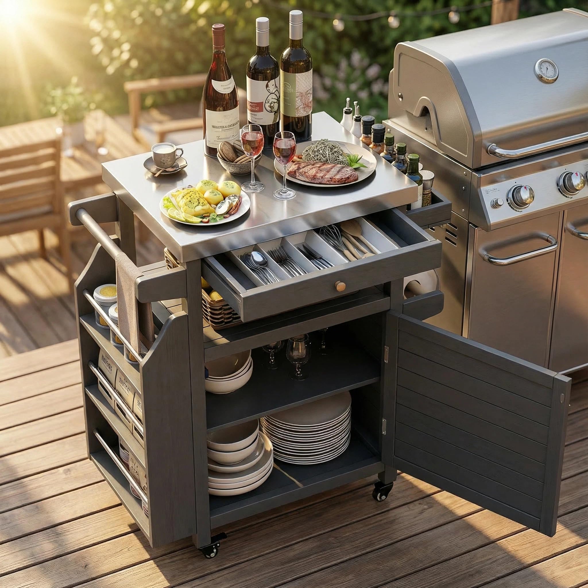 Outdoor Grill Cart with Stainless Steel Top & Storage Cabinet