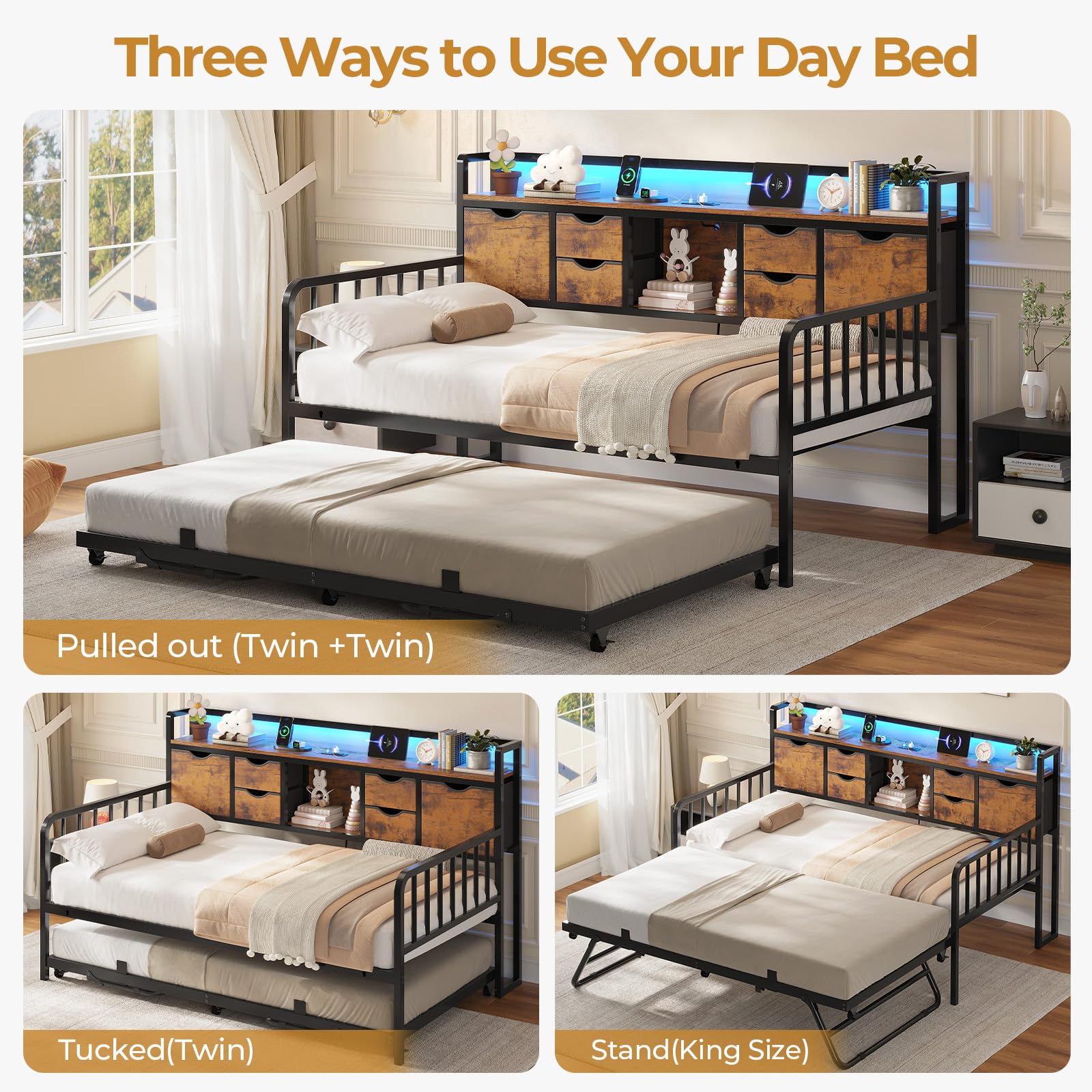 Twin Daybed with Pop-Up Trundle & Storage Headboard