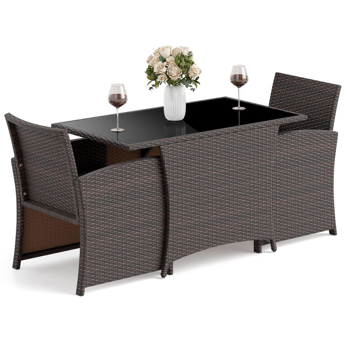 HAPPYGRILL 3 Pieces Patio Wicker Dining Set, Balcony Furniture Set w/Tempered Glass Dining Table, 2 Chairs, Comfy Cushions, Space-Saving Dining Set for Small Spaces, Perfect for Garden, Backyard